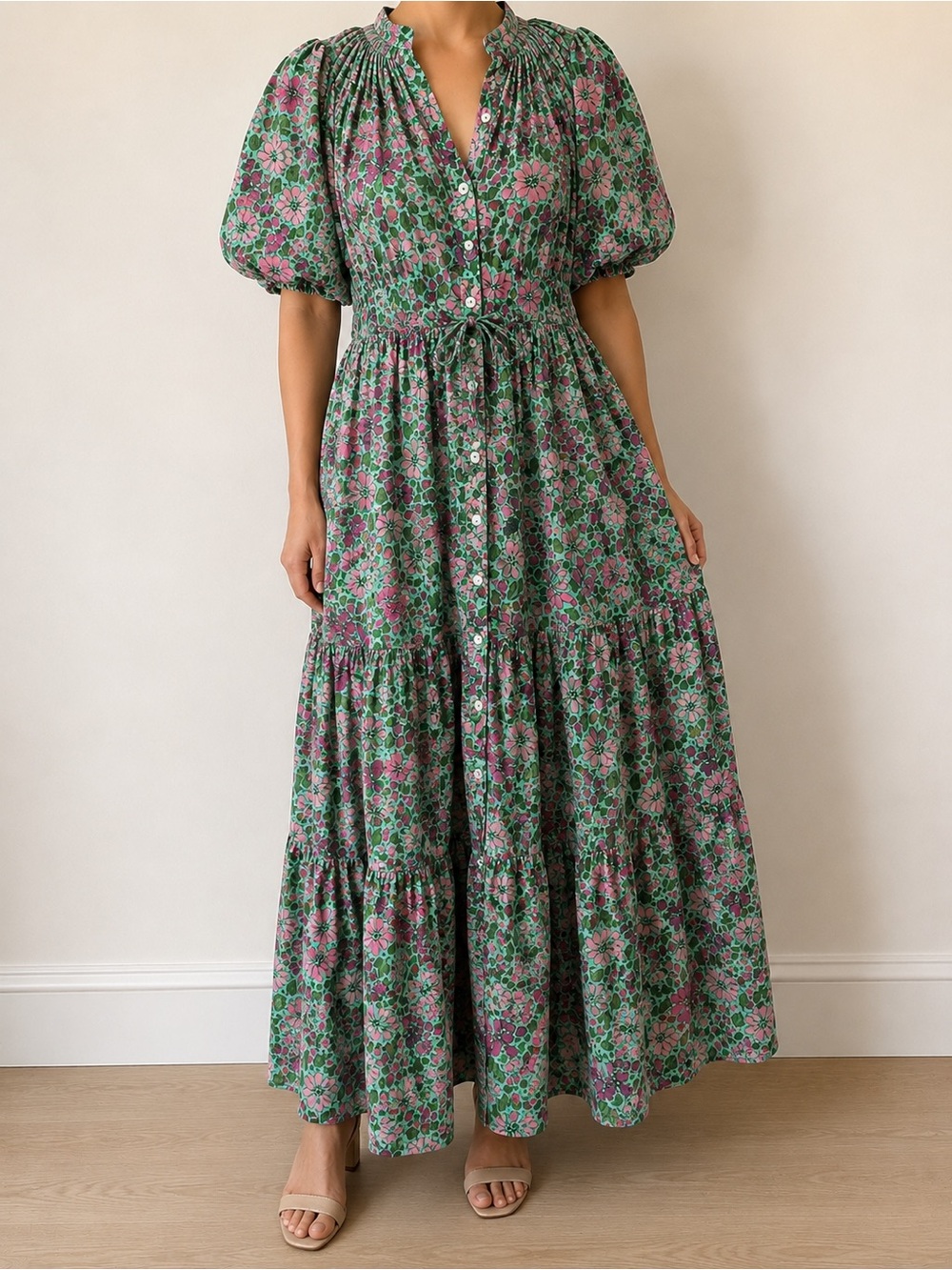 Banjanan Floral Puff Sleeve Cotton Maxi Dress Pink Green Size S